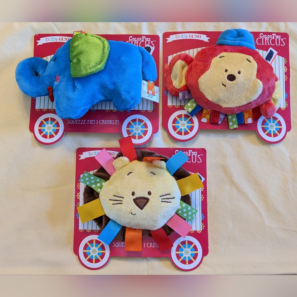 NEW Baby GUND ColorFun Circus Plush Set Elephant Monkey Lion Crinkle Toys T16MIS